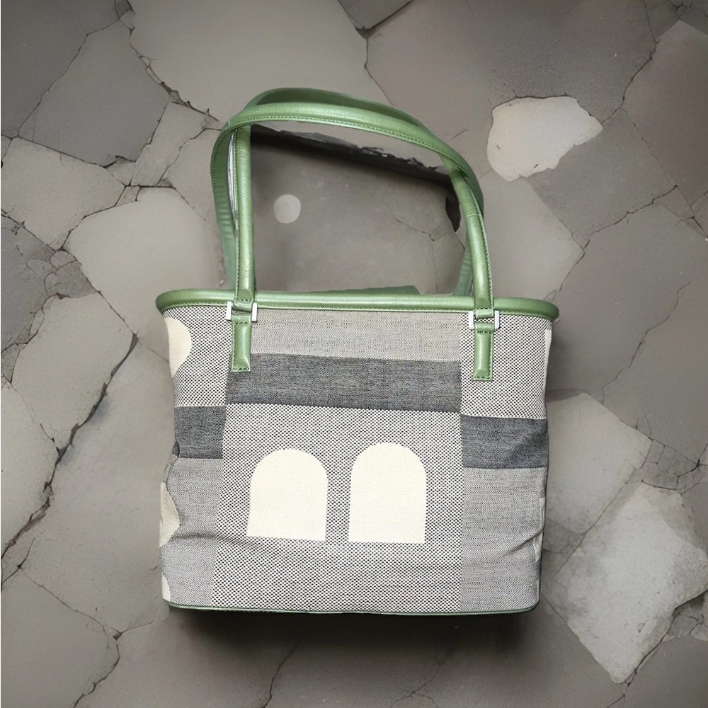 RARE Bally Canvas Shoulder Bag Gray Cream White Green B-Logo
